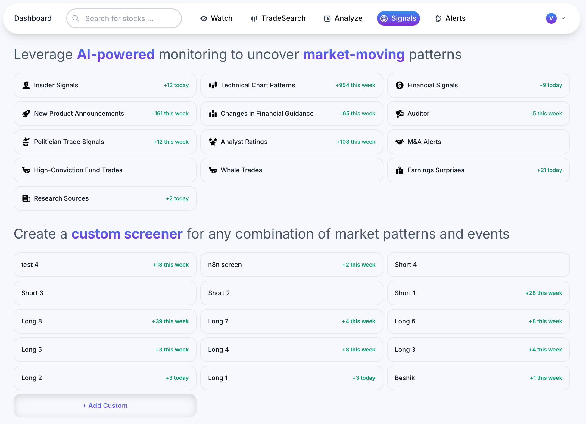 Signals page with category tabs and filters