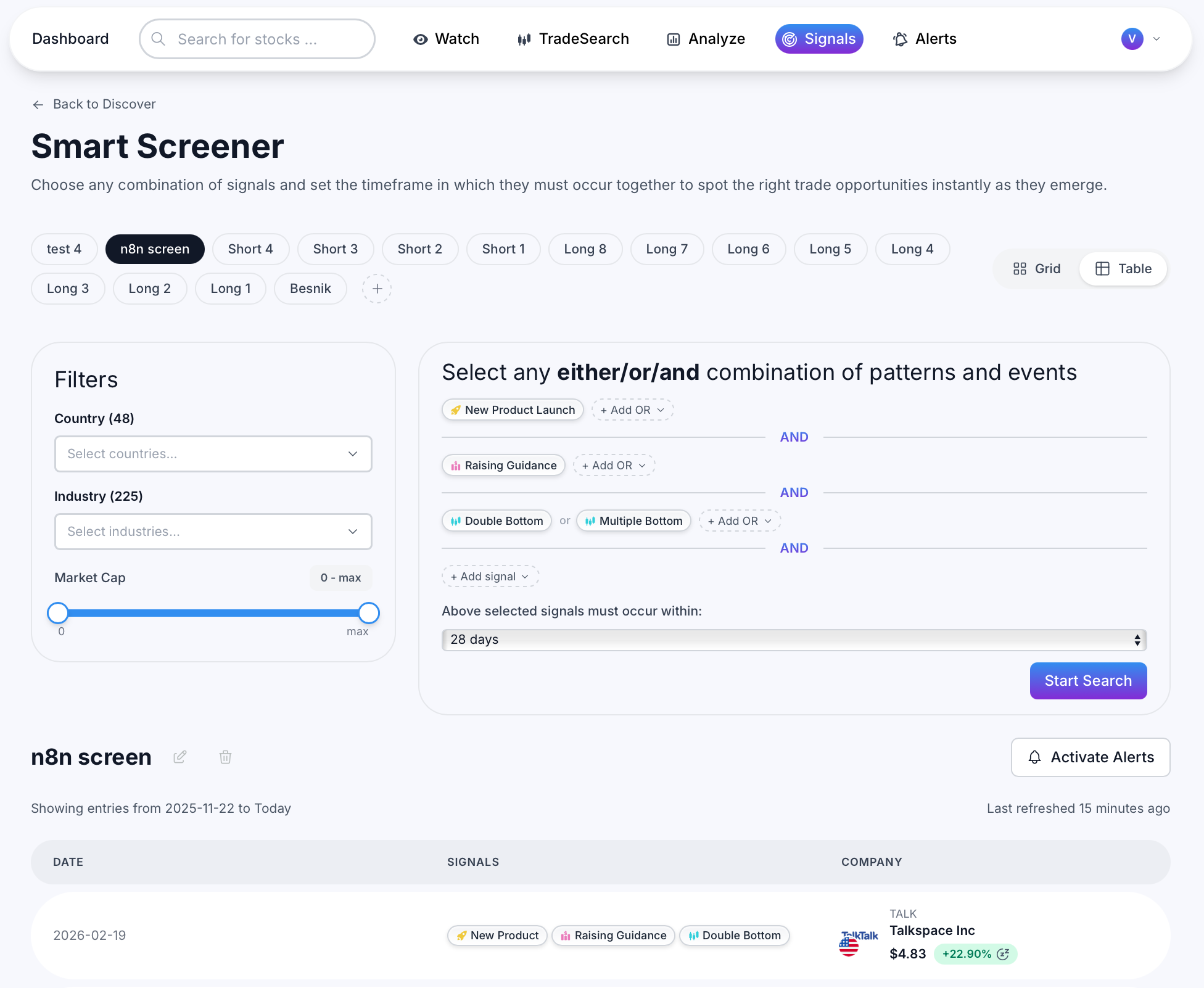Custom screener builder with multi-signal selections and Start Search button