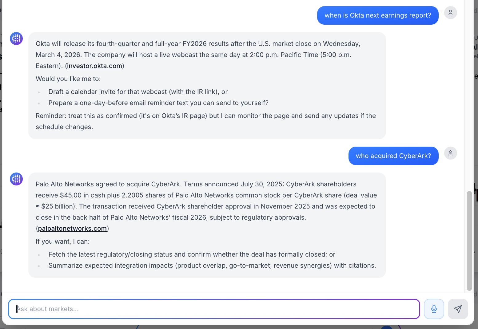 AI chat interface with example prompts