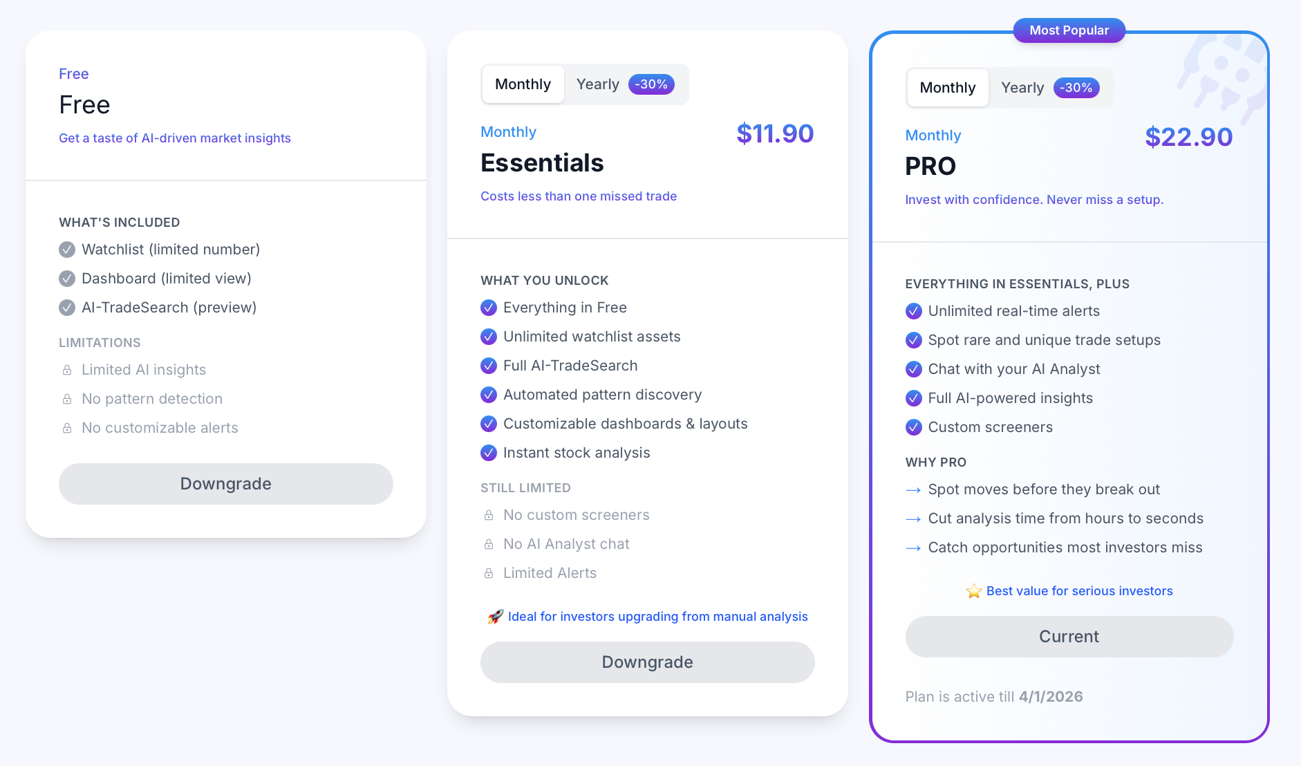 Plans comparison table with Free, Essentials, and Pro tiers